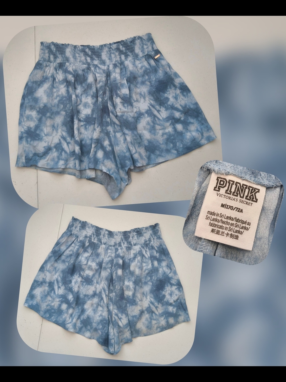 PINK Victoria's Secret Light Blue Tie-Dye Smocked Waist Shorts Size Med (Nwots)